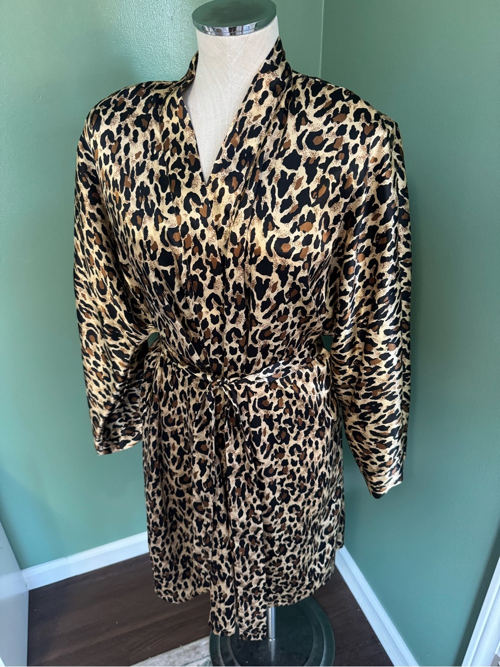 Vintage Nordstrom Leopard Print Satin Robe - Women's Short Kimono Wrap